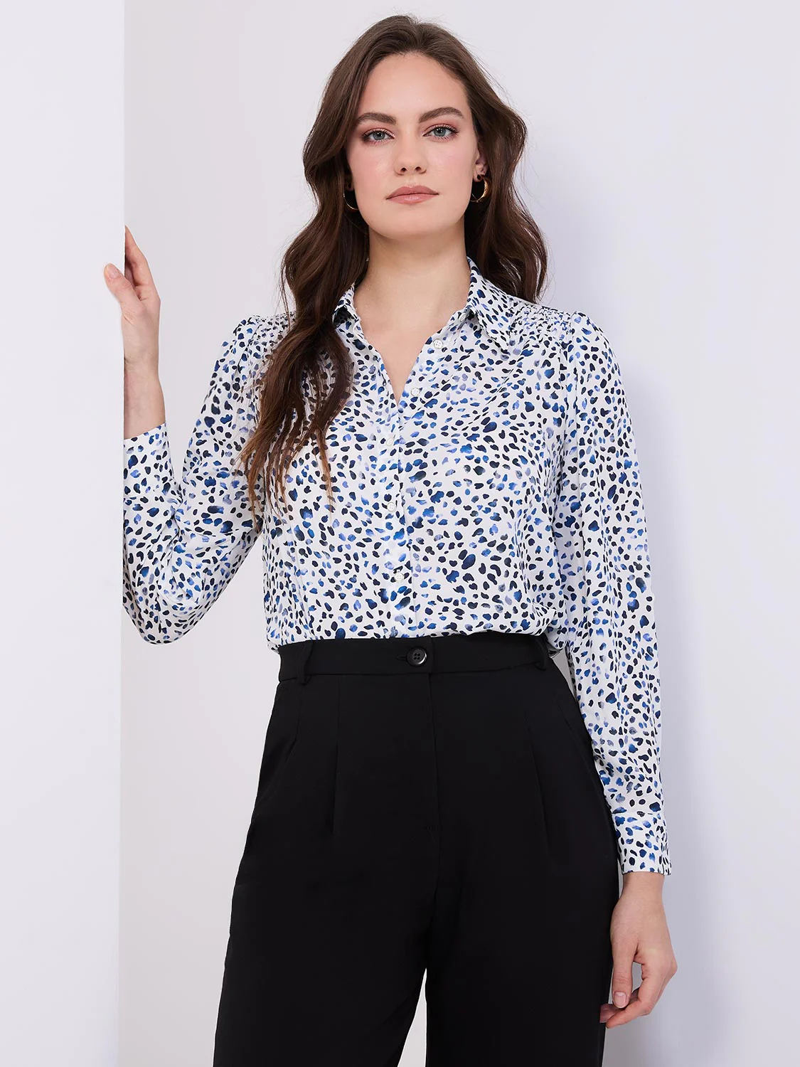Abstract Print Button-Front Blouse With Smocked Details - Image 3