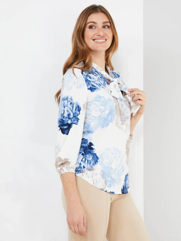 Floral Print 3/4 Sleeve Bow Top - Image 4