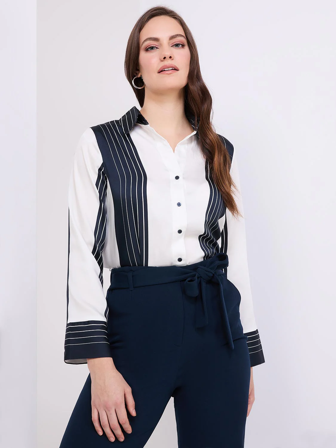Colour Block Striped Satin Button-Front Blouse - Image 3