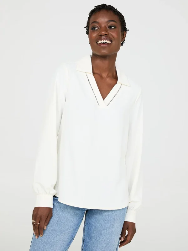 Textured Johnny Collar Popover Blouse - Image 2