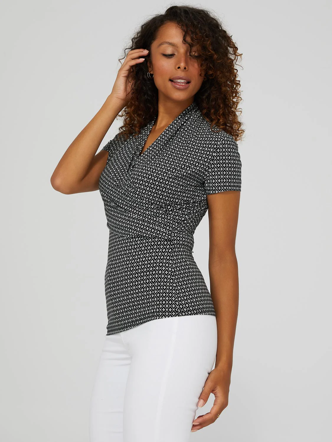 Geo Print Short Sleeve Crossover Front Top - Image 4