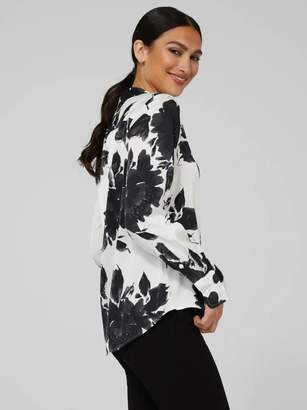 Printed Satin Split Neck Button-Front Blouse - Image 4