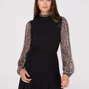 Crew Neck Scuba Top With Printed Chiffon Sleeves