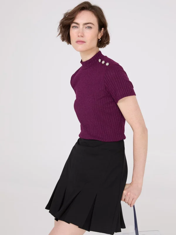 Ribbed Mock Neck Top With Button Details - Image 5
