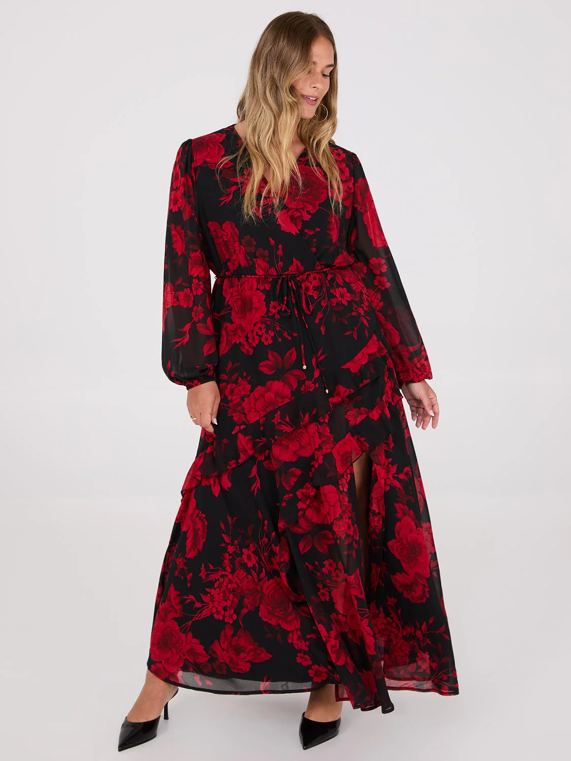 Chiffon Floral Print Ruffle Skirt Maxi Dress - Image 3