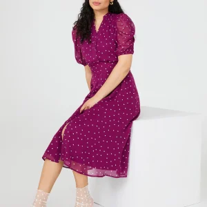 Dot Print Split Neck Dress With Balloon Sleeves