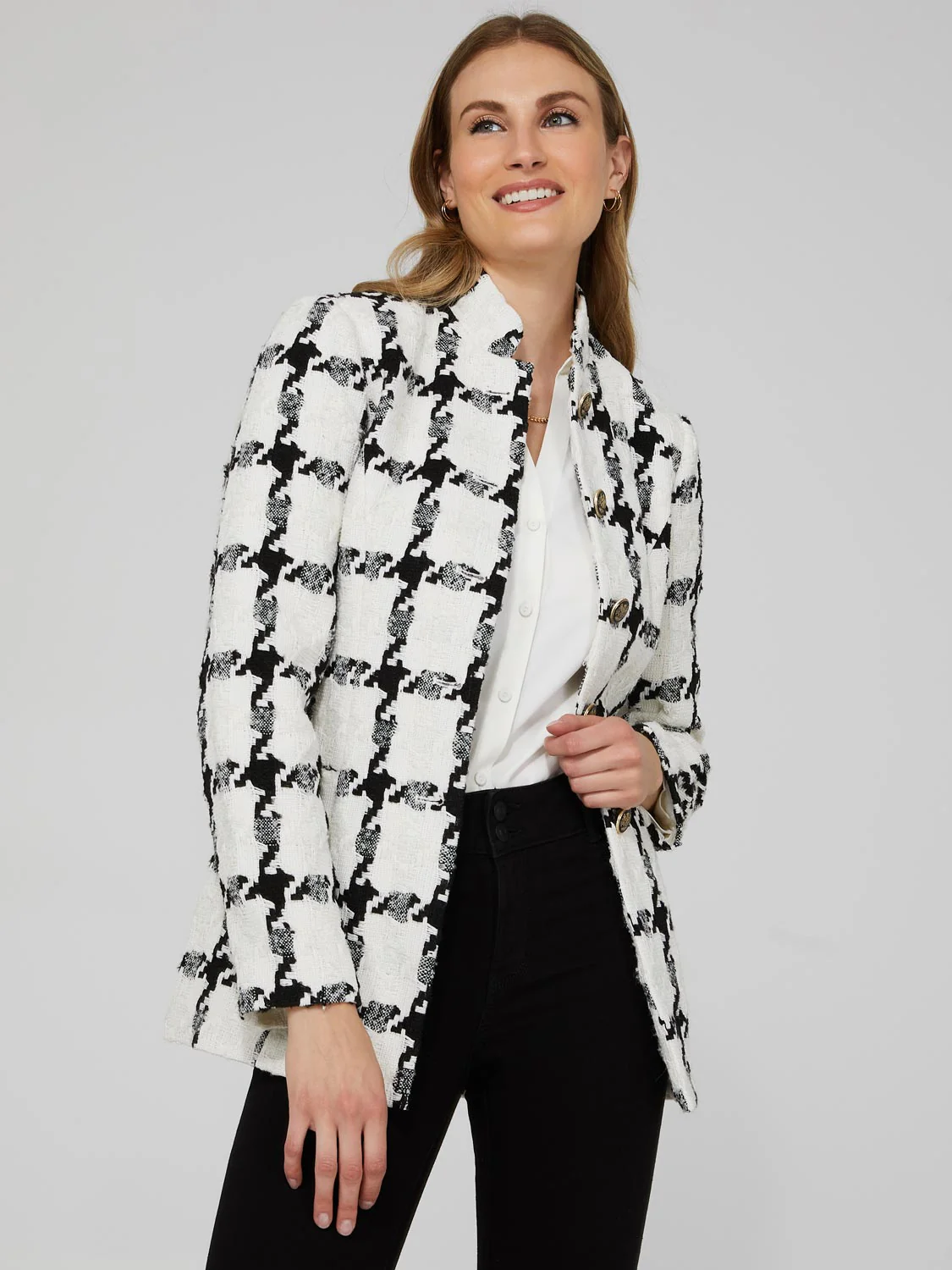 Boucle Button-Front Blazer With Mandarin Collar - Image 3