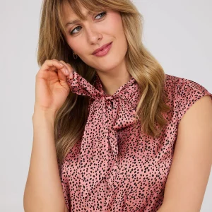 Dot Print Satin Bow Blouse