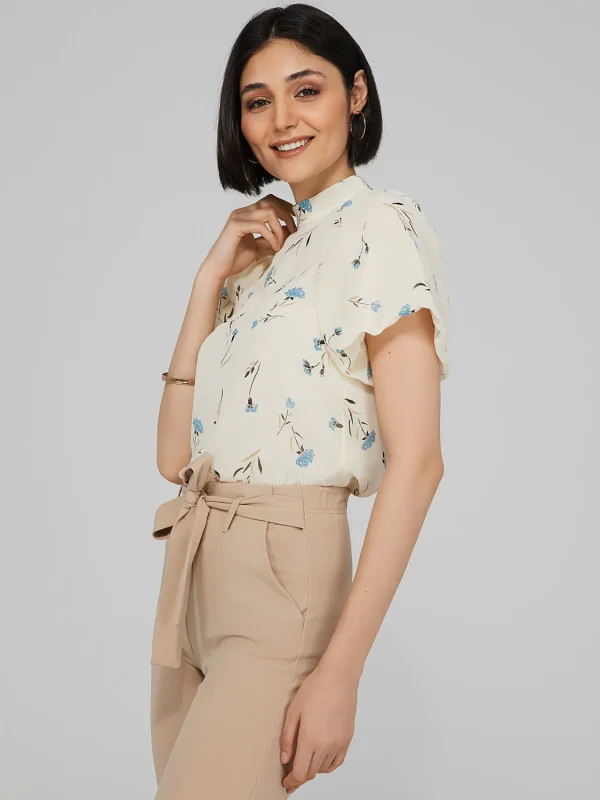 Printed Mock Neck Blouse With Open Back - Image 2