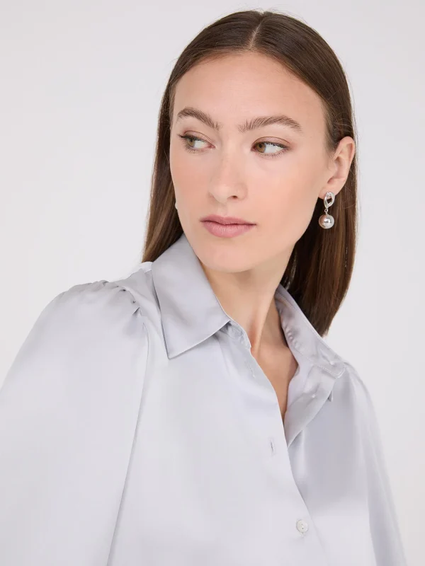 Satin Volume Sleeve Button-Front Blouse - Image 6