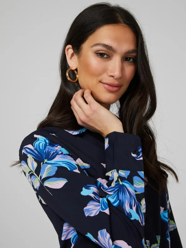 Floral Print Chiffon Split Neck Button-Front Blouse - Image 4