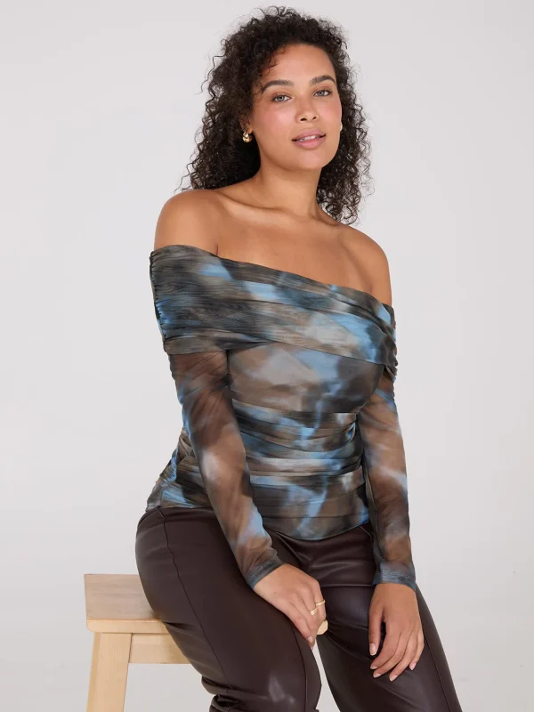 Ruched Off-The-Shoulder Printed Mesh Top - Image 3