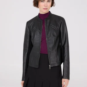 Collarless Faux Leather Jacket