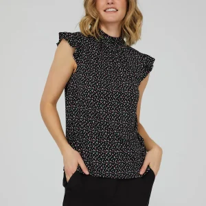 Printed Ruffle Cap Sleeve Mock Neck Top