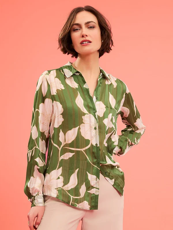 Printed Shadow Stripe Button-Front Blouse