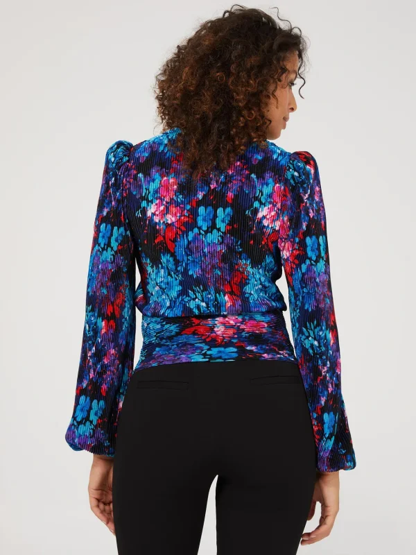 Floral Print V-Neck Plisse Long Sleeve Top - Image 6