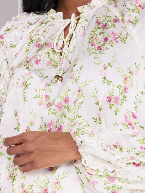 Floral Print Popover Blouse With Neck Tie - Image 6