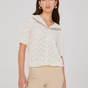 Eyelet V-Neck Top With Balloon Sleeves