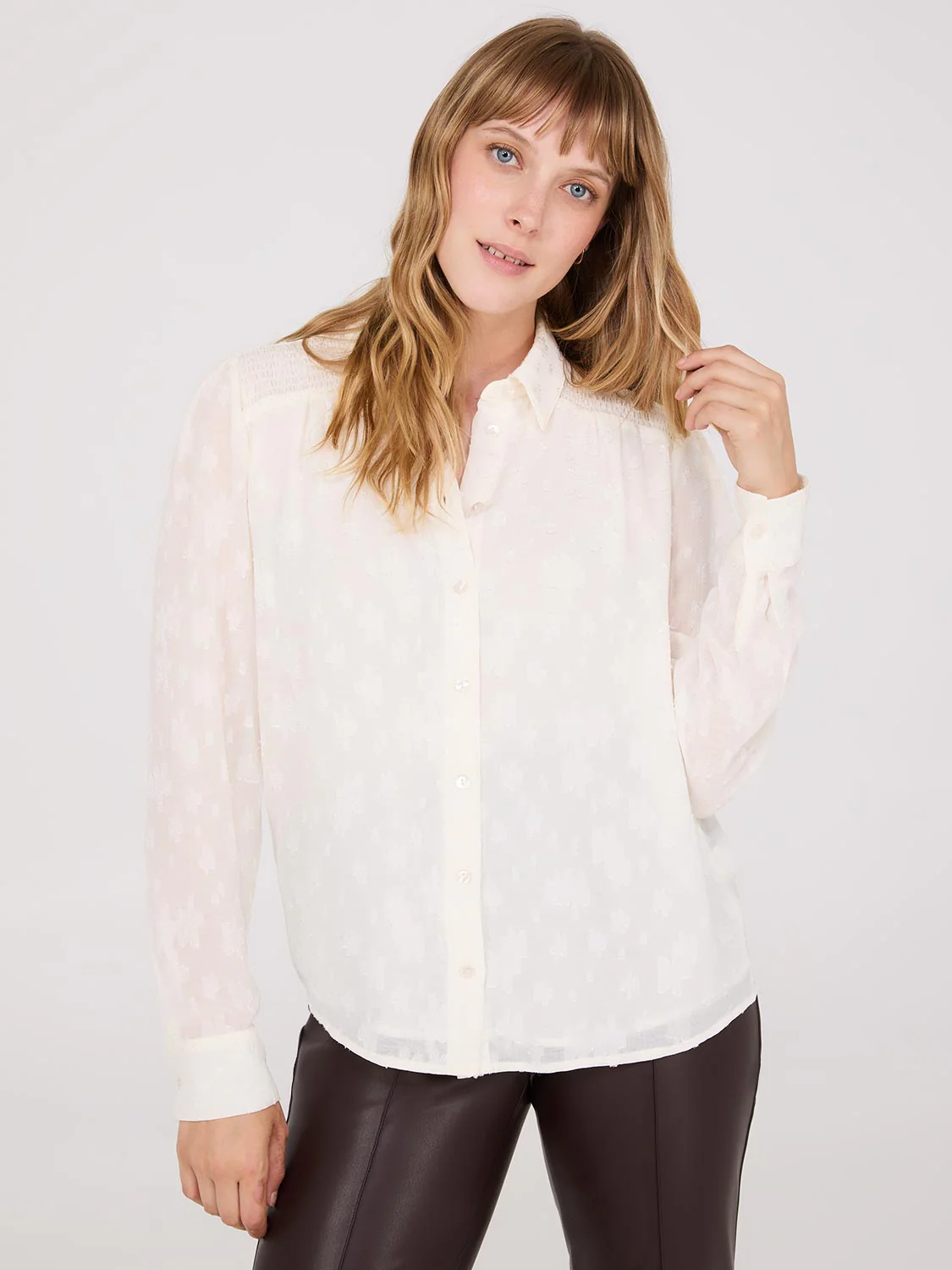 Chiffon Button-Front Blouse With Smocked Details - Image 2