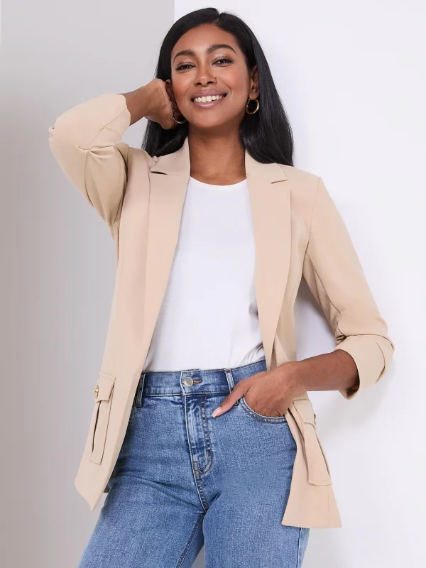 3/4 Ruched Sleeve Crepe Blazer - Image 7