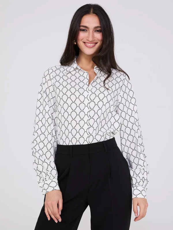 Silky Geo Print Button-Front Blouse - Image 3