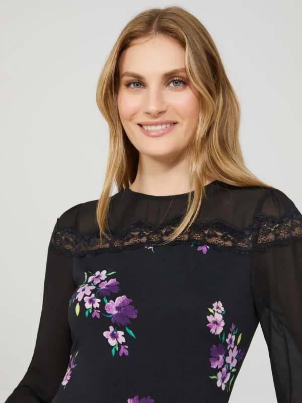 Long Balloon Sleeve Ditsy Floral Crew Neck Top - Image 2
