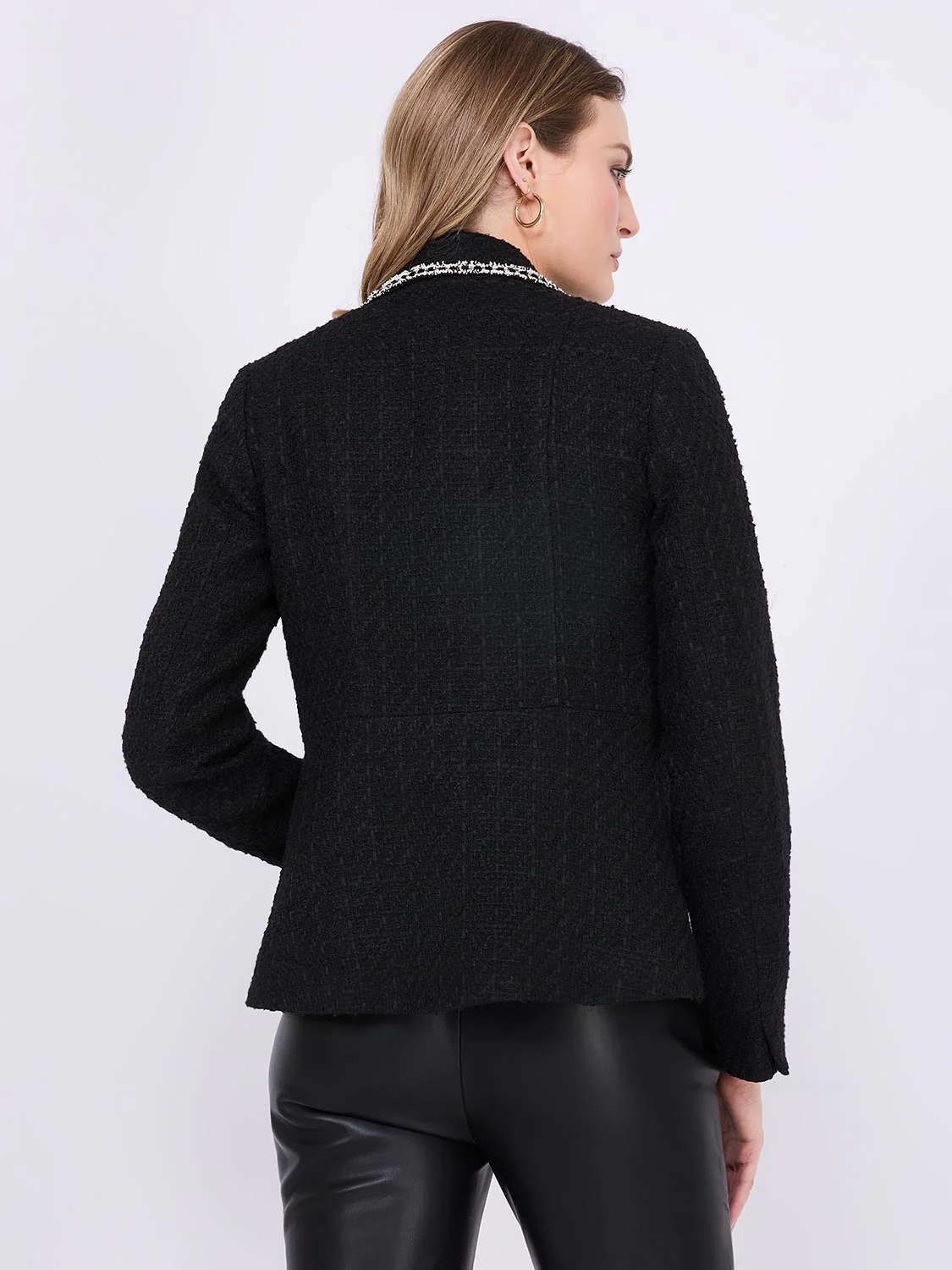 Contrast Trim Faux Double-Breasted Boucle Blazer - Image 5