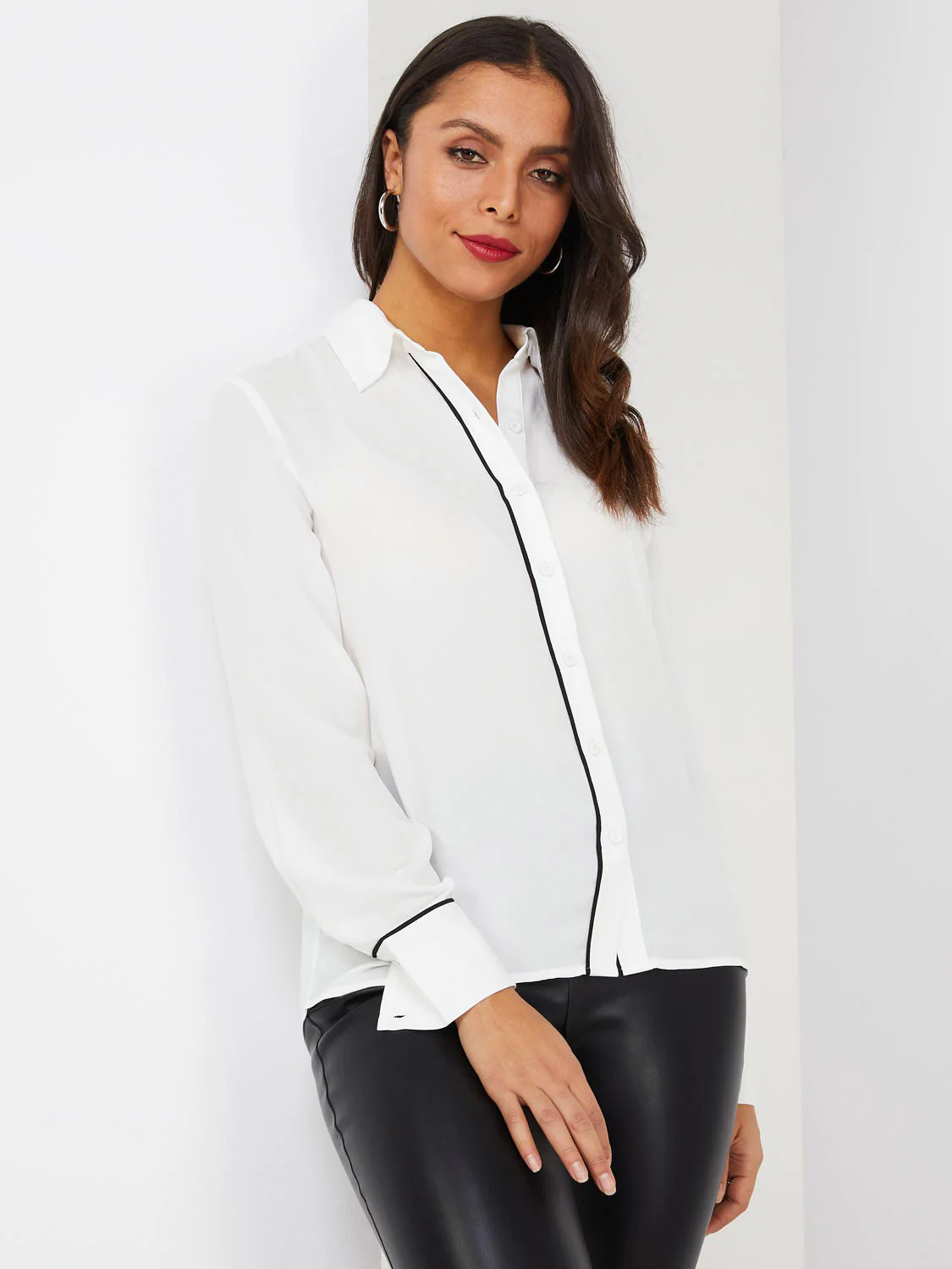 Button-Front Blouse With Contrast Piping - Image 2