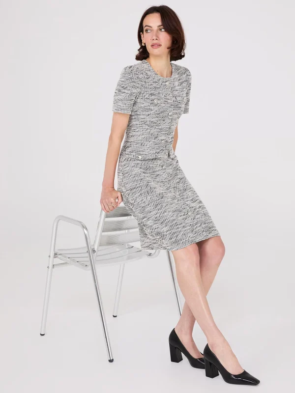 Short Sleeve Button-Front Boucle Sheath Dress - Image 3