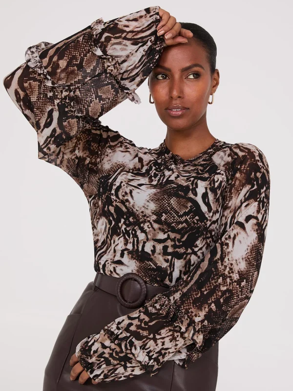 Animal Print Mesh Top With Ruffle Details - Image 5