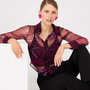 Abstract Print Ruched Button-Front Mesh Blouse
