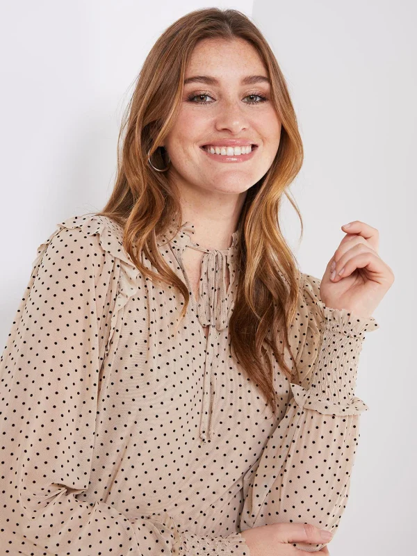 Velvet Dot Mesh Top With Ruffle Details - Image 2