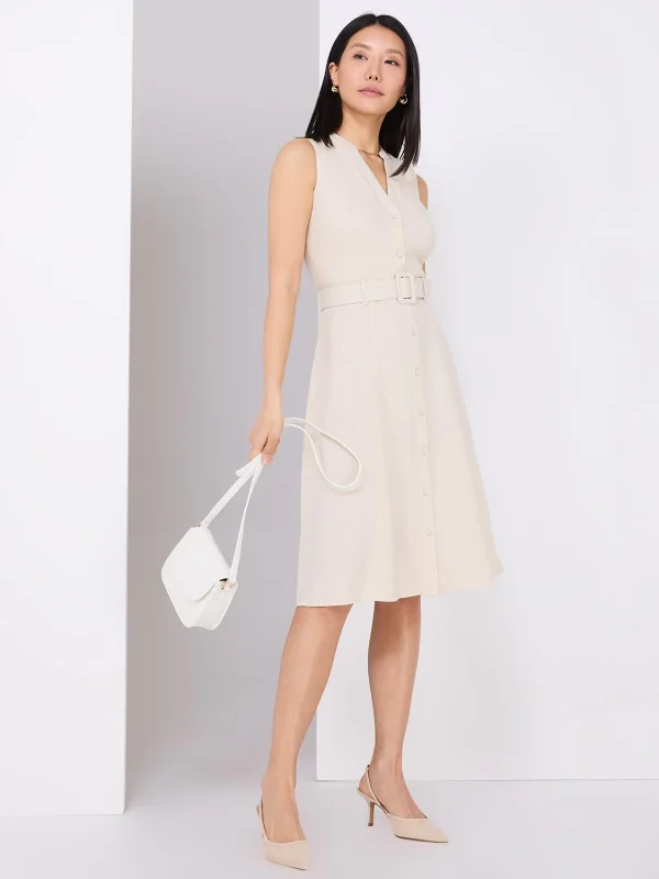 Linen Split Neck Belted Fit & Flare Dress - Image 2