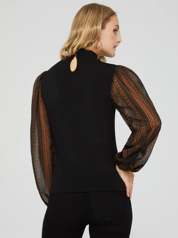 Crepe Mock Neck Top With Long Printed Balloon Sleeves - Image 5