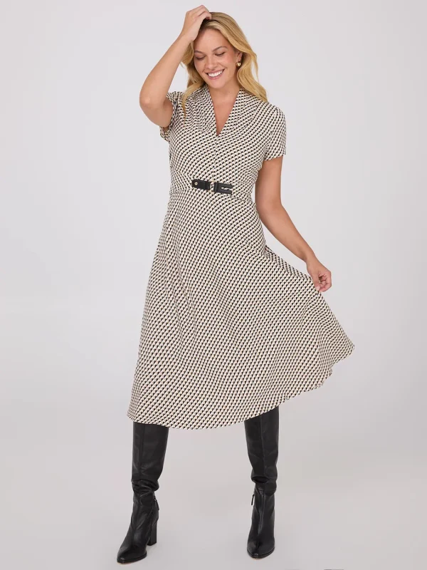 Geo Print Shawl Collar Belted Midi Dress - Image 2