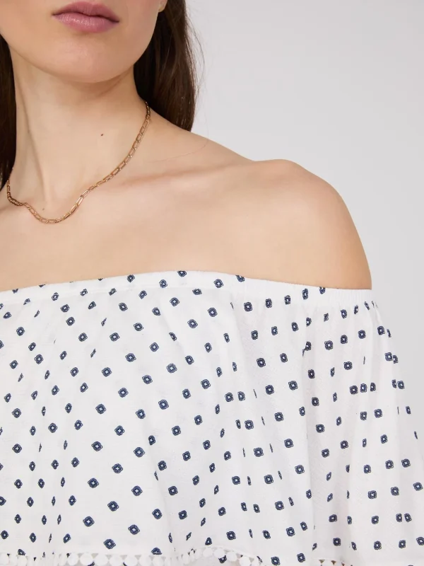 Off-The-Shoulder Textured Top With Border Print - Image 3
