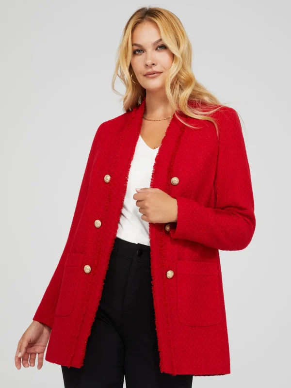 Long Open Boucle Blazer With Fringe Lapels - Image 3