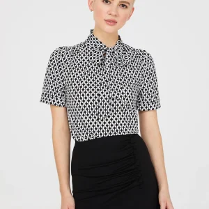 Geo Print Short Sleeve Tie-Neck Top
