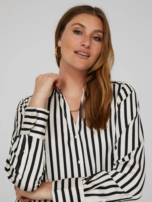 Striped Satin Split Neck Button-Front Blouse - Image 3