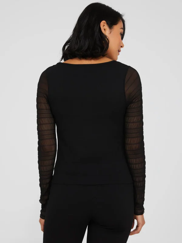 Textured Crepe Scoop Neck Top With Smocked Mesh Sleeves - Image 4