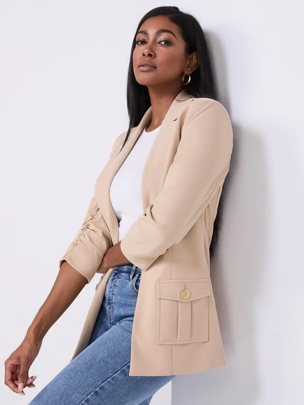 3/4 Ruched Sleeve Crepe Blazer - Image 3