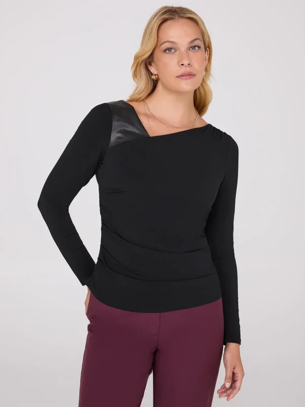 Asymmetrical Neckline Top With Faux Leather Detail - Image 2