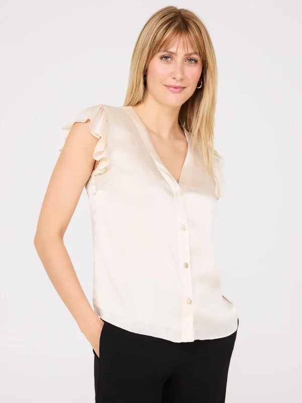 Crinkle Satin Ruffle Sleeve Button-Front Blouse - Image 2