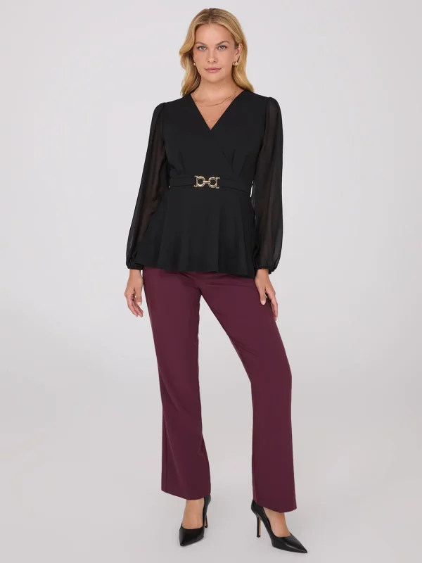 Crossover Peplum Top With Gold Buckle Belt - Image 2