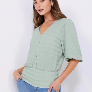 Balloon Sleeve V-Neck Top With Bottom Band