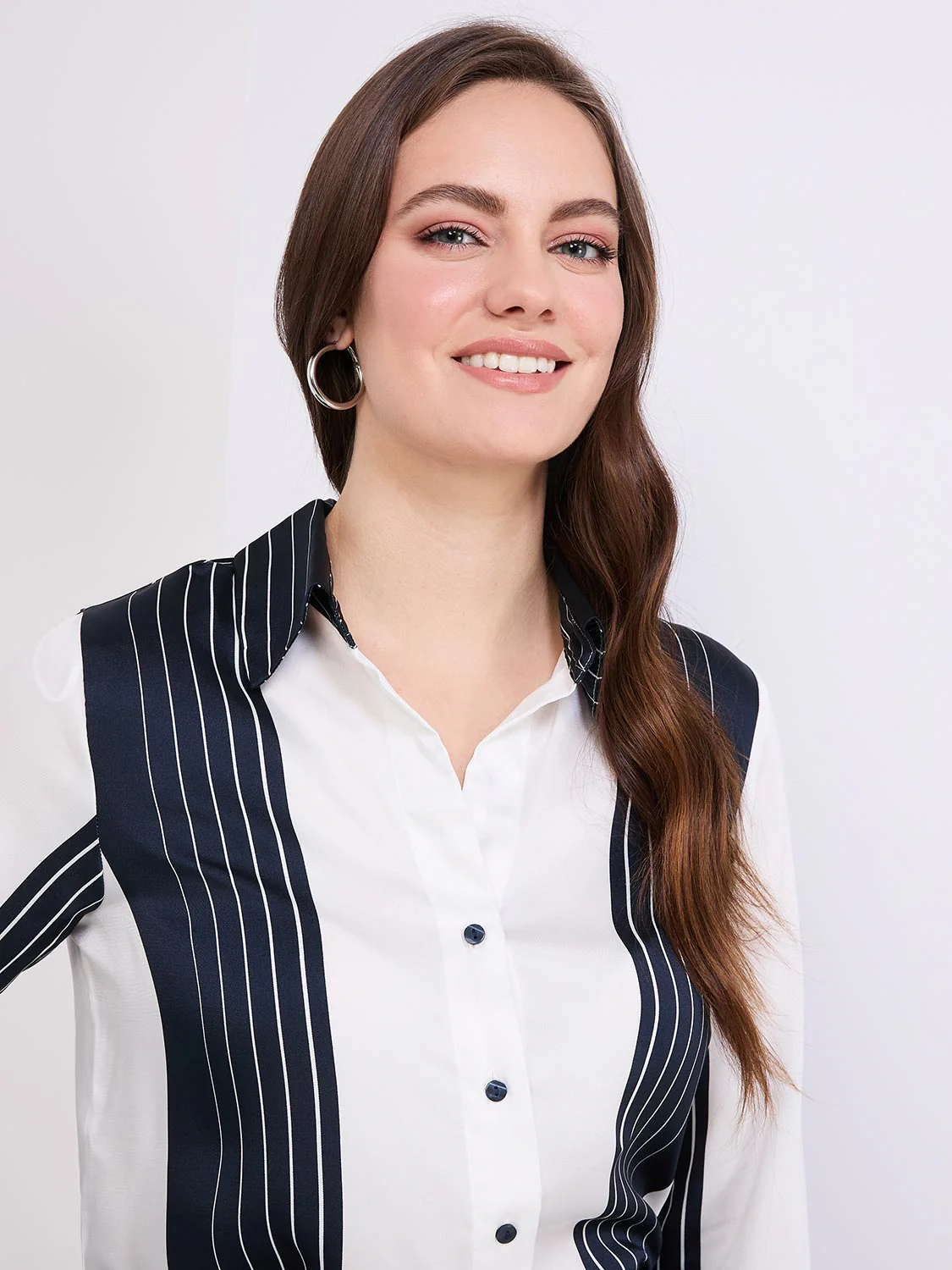 Colour Block Striped Satin Button-Front Blouse - Image 2