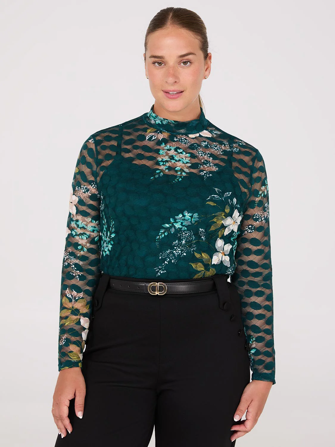 Lace Floral Print Mock Neck Top - Image 3