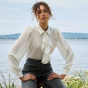 Dot Print Ruffle Button-Front Blouse
