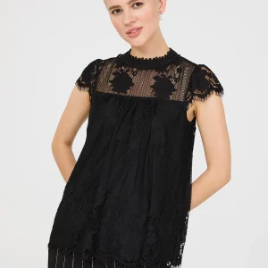 Lace Cap Sleeve Top With Crochet Detail