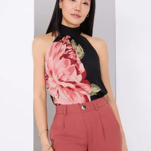 Floral Placement Mock Neck Halter Top